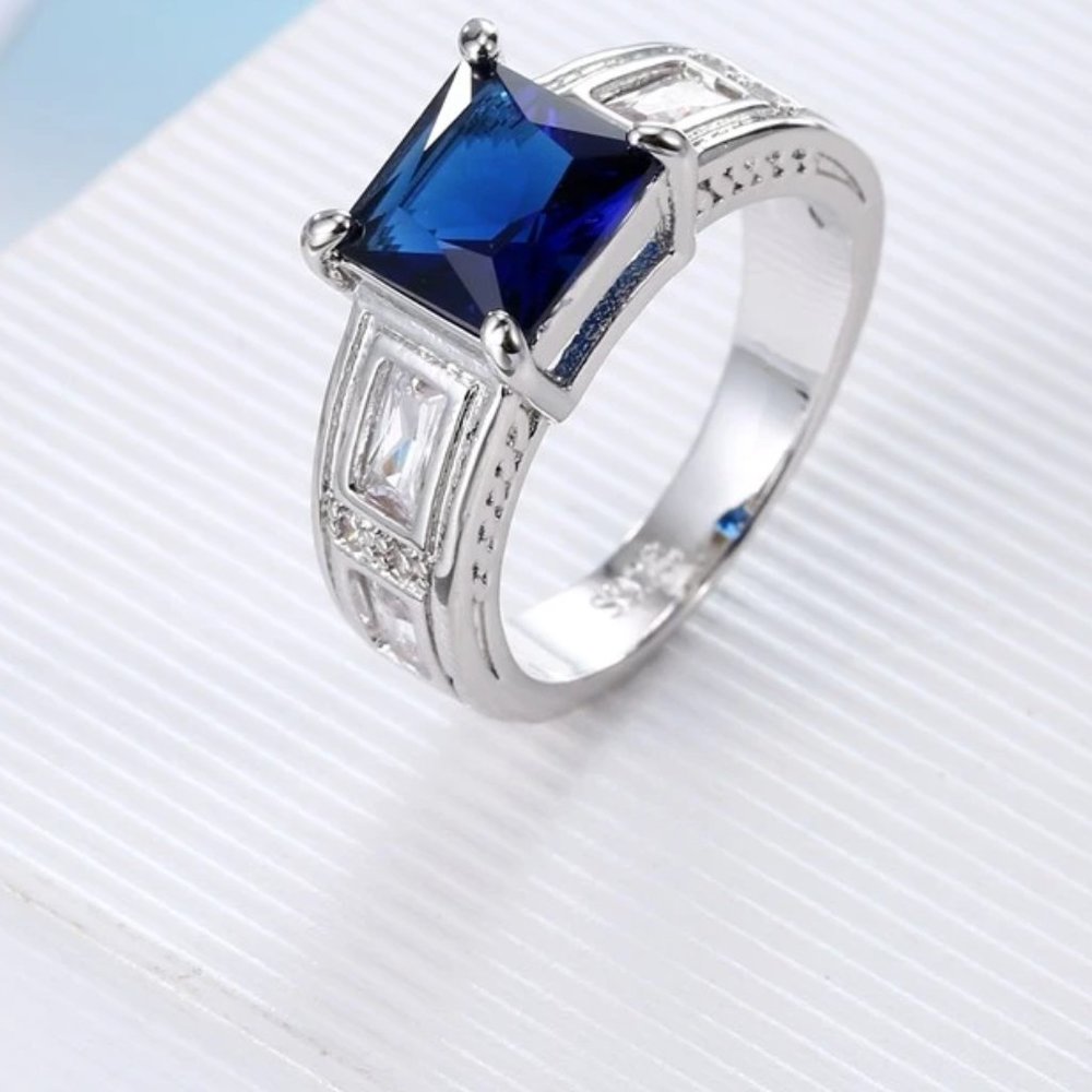 Ladies Large Blue Sapphire Princess Cut  Bridal Ring .925 Solid Sterling Silver - Picture 11 of 12